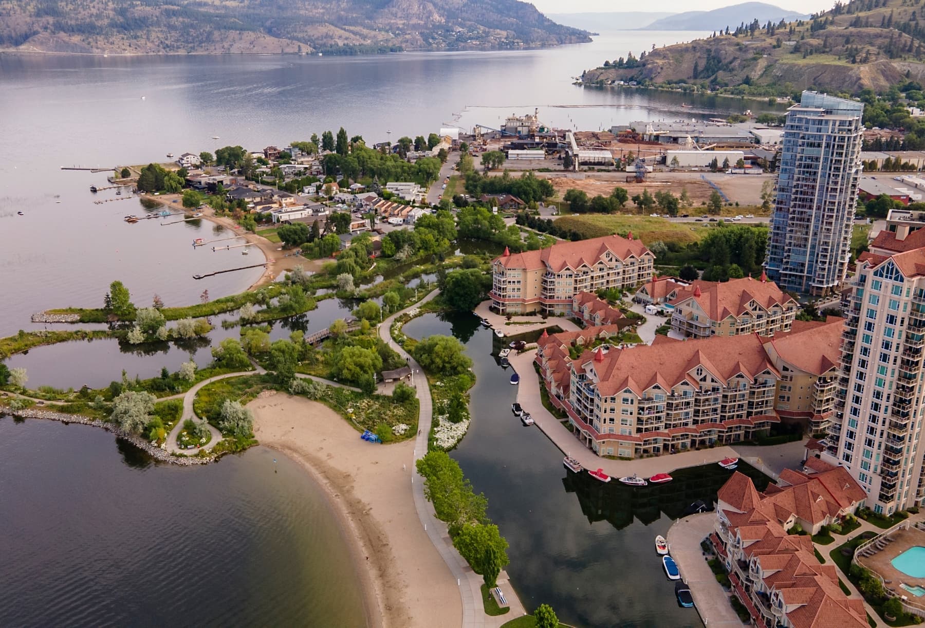 Aerial view of Kelowna, British Columbia — where Simply Hosted manages short-term rentals and Airbnb properties in the Okanagan